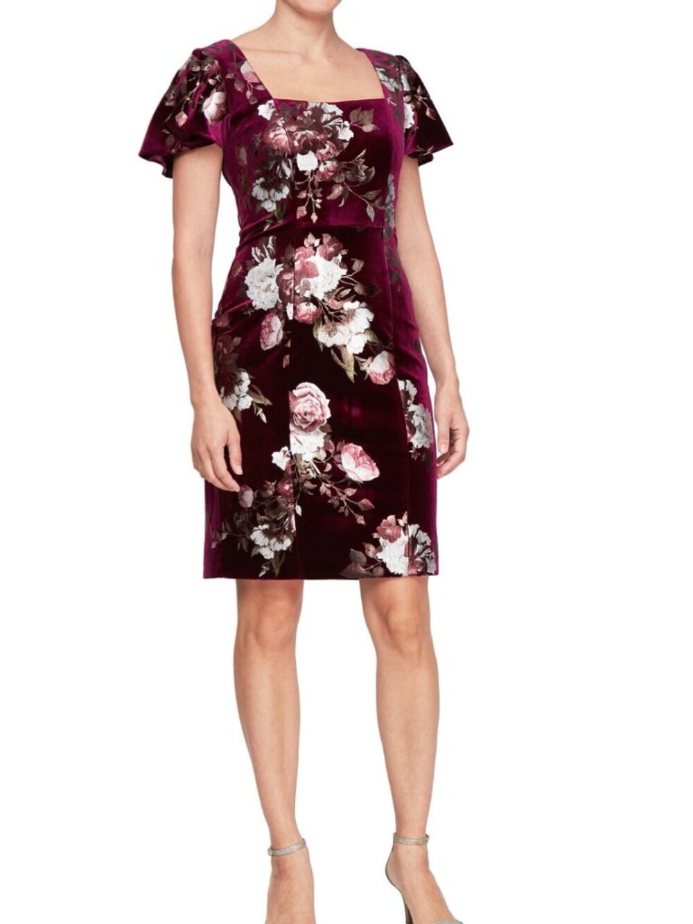 SLNY Womens Floral Velvet Dress Burgundy Size 8 Short Sleeve Square Neck Knee